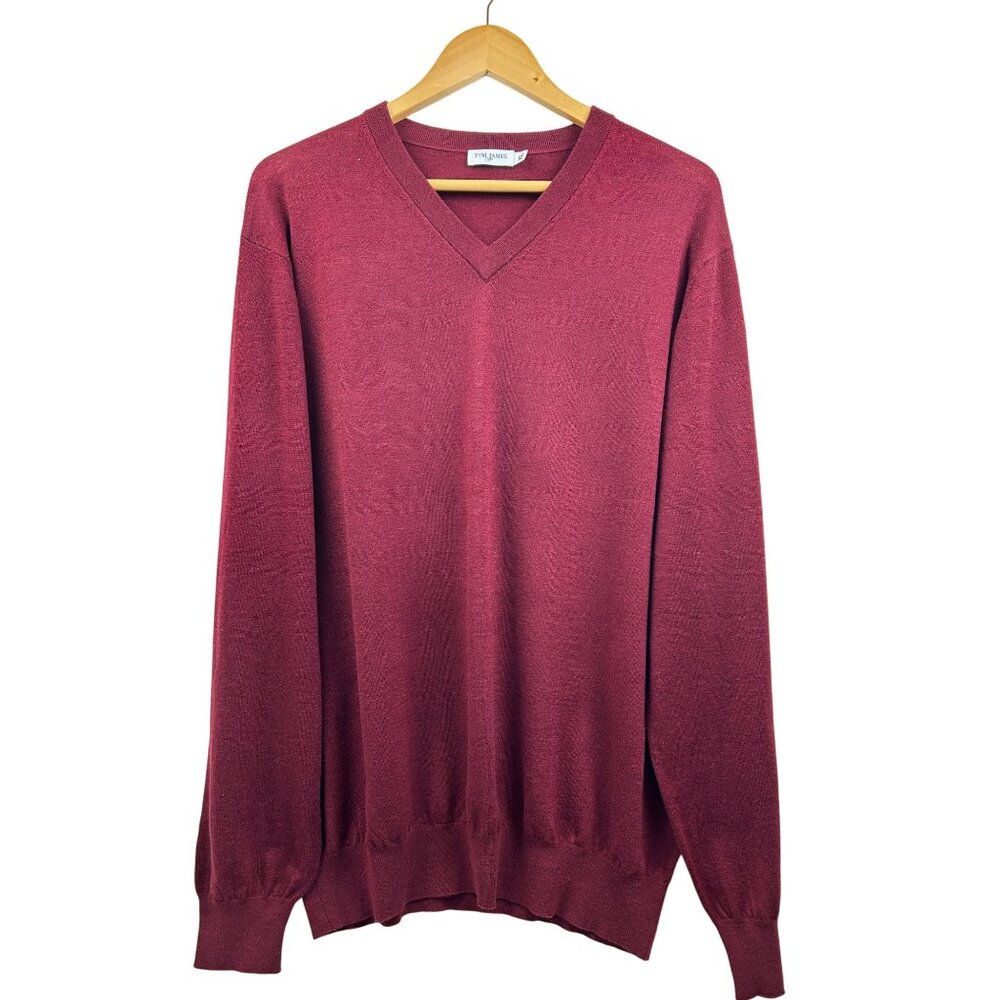 Tom James Sweater Mens XL 100% Merino Wool Burgundy Classic Knit Fall Winter